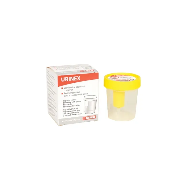 Recipient Steril pentru Urină 120 ml cu Punct de Recoltare  GIMA– Capac Galben, Ambalare Individuală,  1 bucata