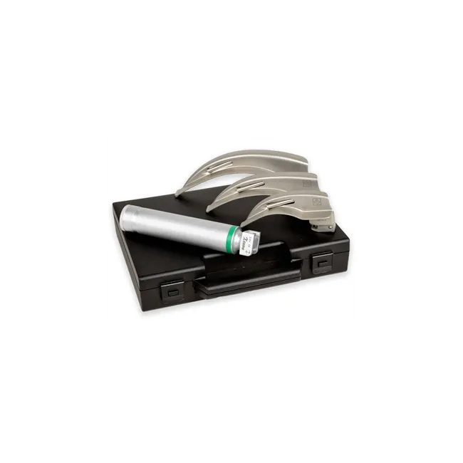 Set laringoscop GIMA Green F.O. Xenon/Halogen – 2.5 V pentru adulți, cu 3 lame McIntosh