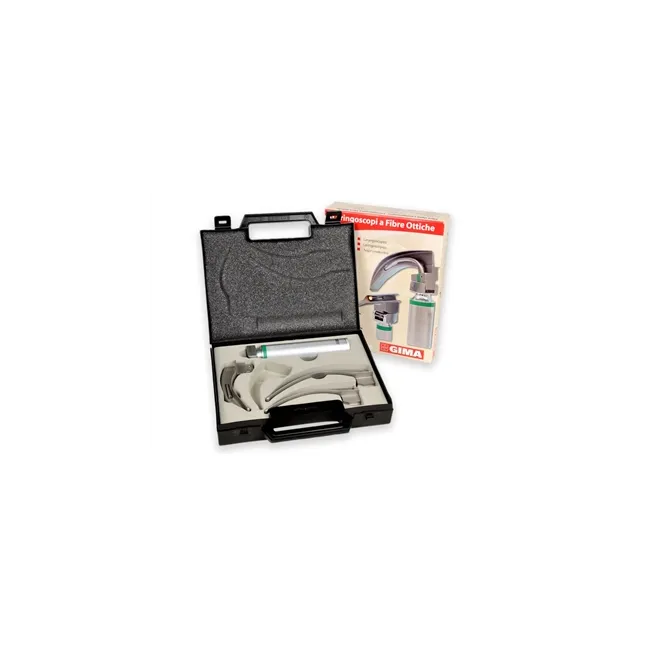 Set laringoscop GIMA Green F.O. Xenon/Halogen – 2.5 V pentru adulți, cu 3 lame McIntosh