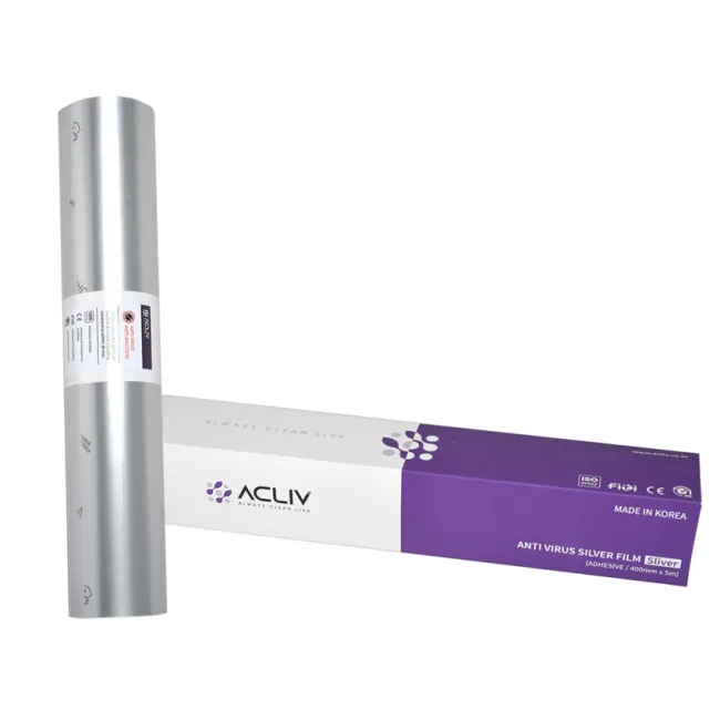 Folie Adezivă Antimicrobiană 200 Mic – Film de Argint, 5m x 400mm, Protecție Împotriva Virusurilor și Bacteriilor