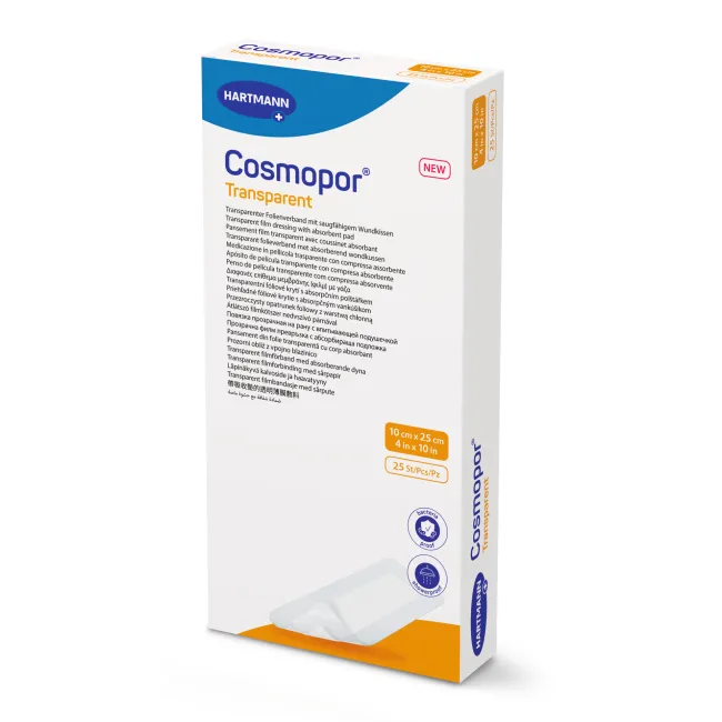 Cosmopor® Transparent 10 x 25 cm – Pansament steril autoadeziv, transparent, pentru răni postoperatorii și leziuni minore , 25 buc