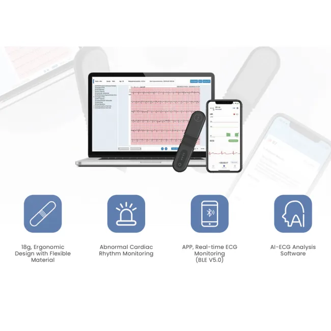 Înregistrator EKG Dinamic Portabil 24H cu Bluetooth și Inteligență Artificială – Dispozitiv Medical Ultra-Ușor (18g) pentru Monitorizarea Ritmului Cardiac la Domiciliu sau Clinică
