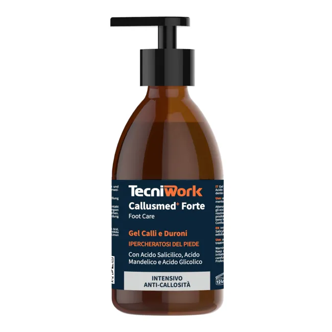 Gel pentru picioare cheratolitic profesional pentru calozități și bătături Callusmed+ Forte 250 ml pe baza de Acid Salicilic, Acid Mandelic și Acid Glicolic  - fabricat in Italia