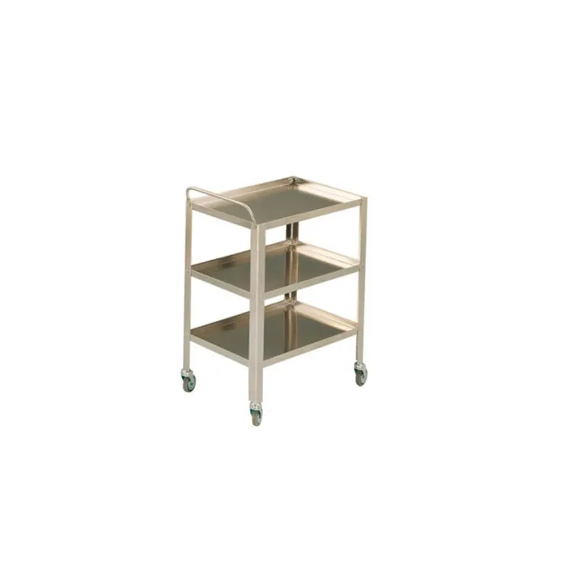 Cărucior pentru pansamente din oțel inoxidabil – cu mâner de împingere – trei rafturi – 60×40×80 cm
