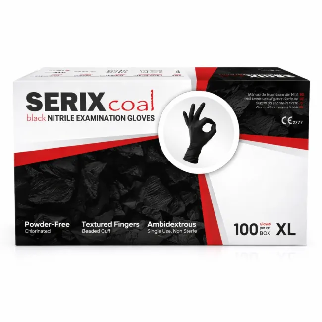 Mănuși de Examinare Nitril Negre, Nepudrate, Serix Coal - 100 bucati