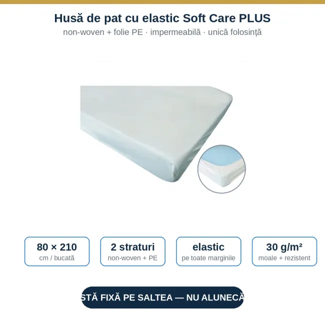 Husă de protecție pentru pat/targă Soft Care Plus, 80 × 210 cm, 2 straturi (PP nețesut + PE), 30 GSM, albă, cu elastic