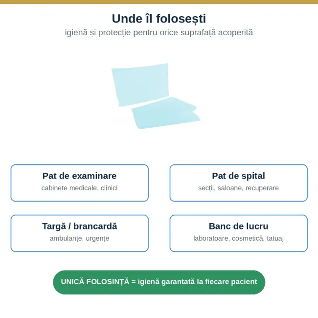 Cearșaf de protecție impermeabil Soft Care Extra, 80 × 210 cm, 2 straturi (Hârtie + PE), 48 fire de armare, albastru deschis – de unică folosință