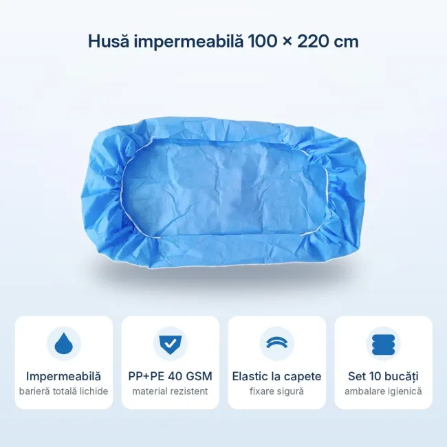 Husă impermeabilă cu elastic pentru pat și targă, PP+PE 40 GSM, 100 × 220 cm — set 10 bucăți