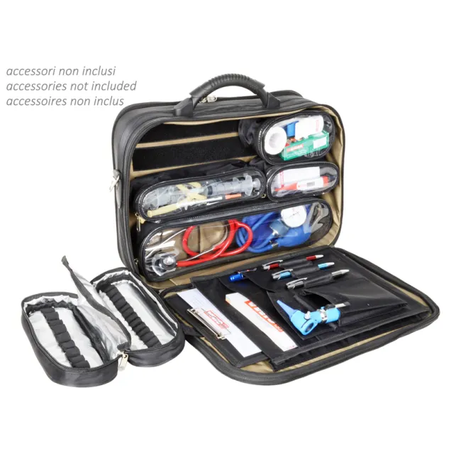 Geantă Medicală Profesională Multi-Funcțională – Goală, Material Nylon 70D/Poliester 600D, 3 Borsete Transparente și Suport Amfofile (23 Elastice)