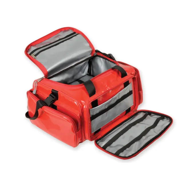 Geantă Medicală de Urgență "Emergency Bag" din PVC – Roșie (Goală), Prelată PVC Impermeabilă, Compartimentare Multi-Buzunar și Bretele Rucsac, 35 x 45 x h 21 cm