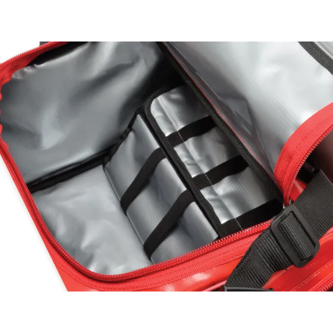 Geantă Medicală de Urgență "Emergency Bag" din PVC – Roșie (Goală), Prelată PVC Impermeabilă, Compartimentare Multi-Buzunar și Bretele Rucsac, 35 x 45 x h 21 cm