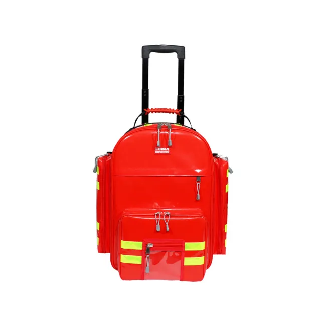 Troler și Rucsac Medical de Urgență "Emergency Logic-2 PVC" – Profesional (Gol), Prelată PVC Impermeabilă, cu Rotițe, Mâner Telescopic, 6 Borsete Colorate Incluse și Diviziune Centrală, 49 x 31 x h 57 cm