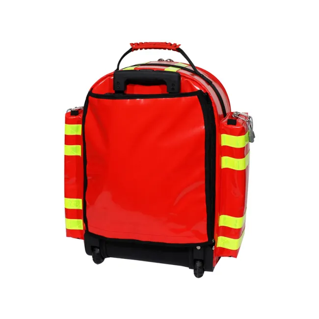 Troler și Rucsac Medical de Urgență "Emergency Logic-2 PVC" – Profesional (Gol), Prelată PVC Impermeabilă, cu Rotițe, Mâner Telescopic, 6 Borsete Colorate Incluse și Diviziune Centrală, 49 x 31 x h 57 cm