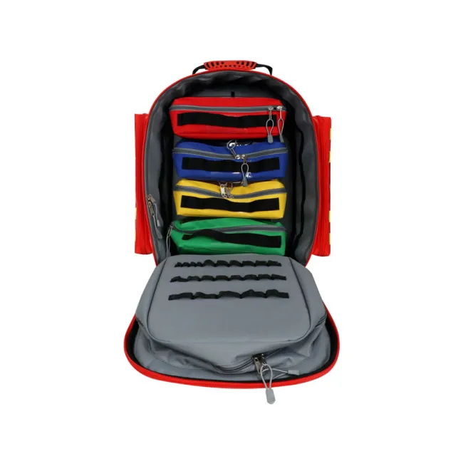 Troler și Rucsac Medical de Urgență "Emergency Logic-2 PVC" – Profesional (Gol), Prelată PVC Impermeabilă, cu Rotițe, Mâner Telescopic, 6 Borsete Colorate Incluse și Diviziune Centrală, 49 x 31 x h 57 cm