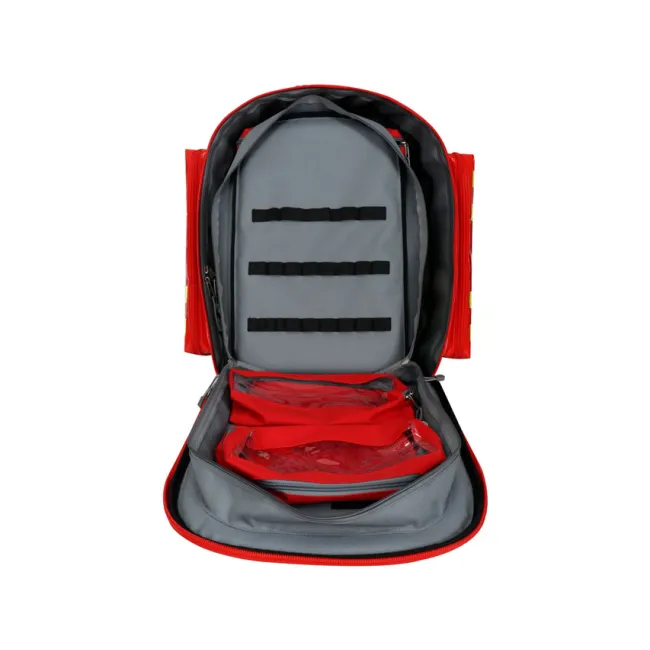 Troler și Rucsac Medical de Urgență "Emergency Logic-2 PVC" – Profesional (Gol), Prelată PVC Impermeabilă, cu Rotițe, Mâner Telescopic, 6 Borsete Colorate Incluse și Diviziune Centrală, 49 x 31 x h 57 cm