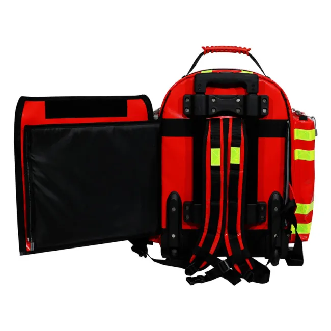 Troler și Rucsac Medical de Urgență "Emergency Logic-2 PVC" – Profesional (Gol), Prelată PVC Impermeabilă, cu Rotițe, Mâner Telescopic, 6 Borsete Colorate Incluse și Diviziune Centrală, 49 x 31 x h 57 cm