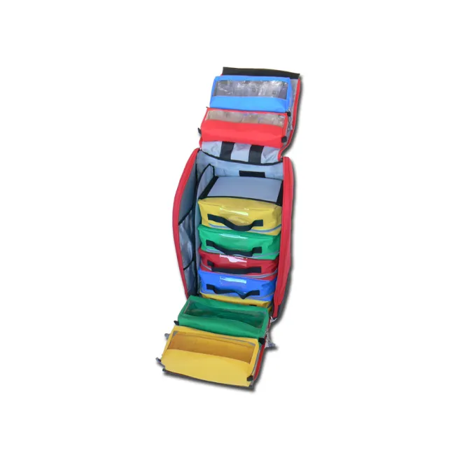 Rucsac Medical de Urgență "Ambulance Rucksack" – Extra Large (Gol), Poliester Impermeabil, cu 8 Borsete Colorate Incluse și Fermoare de 10 mm, 40 x 30 x h 57 cm