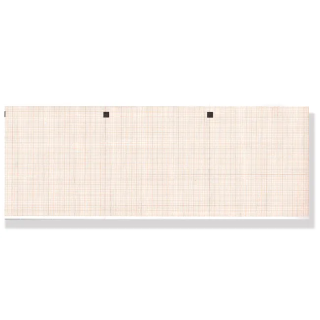 Hârtie Termică EKG în Pachet (Z-Fold) 112 x 100 mm – 300 File, Fără Fenoli (Phenol Free), Caroiaj Portocaliu cu Marker, pentru Electrocardiografe Cardioline Delta 3 Plus