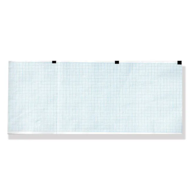 Hârtie Termică EKG în Pachet (Z-Fold) 120 x 100 mm – 300 File, Caroiaj Albastru cu Marker, pentru Electrocardiografe Elettronica Trentina / Cardiette / Cardioline AR1200 View și AR1200 Adv