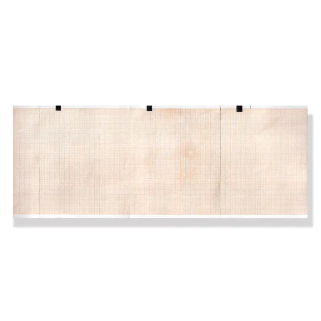 Hârtie Termică EKG în Pachet (Z-Fold) 114 x 90 mm – 200 File, Caroiaj Portocaliu/Roșu cu Marker, pentru Electrocardiografe Schiller MS-2010 / Cardiopad și Esaote My Cardiopad Base