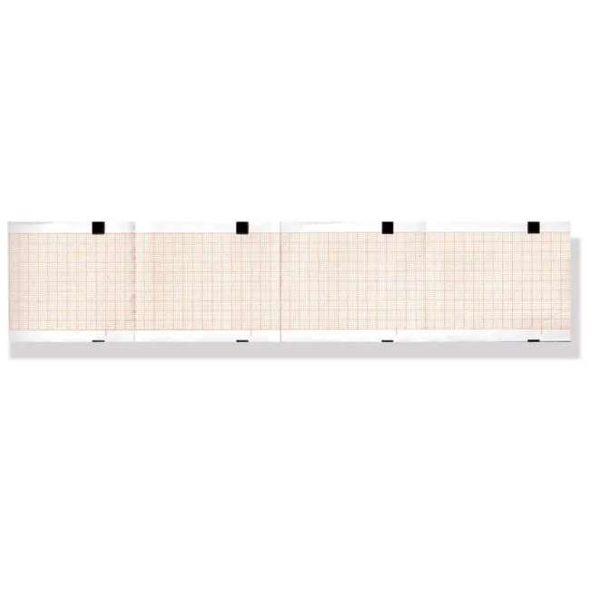 Hârtie Termică EKG în Pachet (Z-Fold) 63 x 75 mm – 400 File, Caroiaj Portocaliu cu Marker, pentru Electrocardiografe Fukuda Denshi și Siemens Cardiostat 11