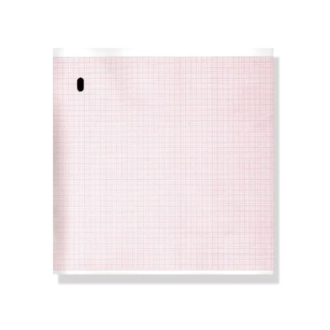 Hârtie Termică EKG în Pachet (Z-Fold) Letter 215 mm x 280 mm – 300 File, Fără Fenoli (Phenol Free), Caroiaj Portocaliu cu Orificiu de Sincronizare, pentru Electrocardiografe GE Marquette Case 10-12-15 și MAC 3000 / 5000