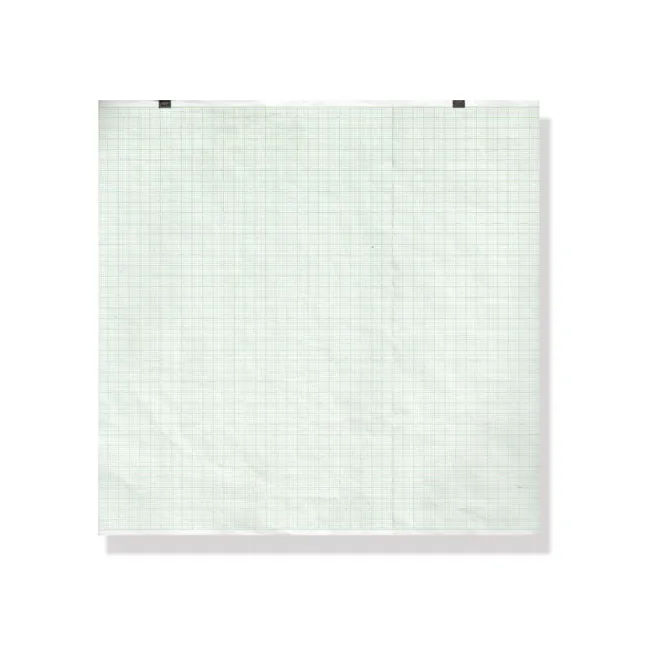 Hârtie Termică EKG în Pachet (Z-Fold) 210 mm x 140 mm – 250 File, Fără Fenoli (Phenol Free), Caroiaj Tip Grilă Verde cu Marcaj (Marker), pentru Electrocardiografe Schiller Cardiovit AT-10