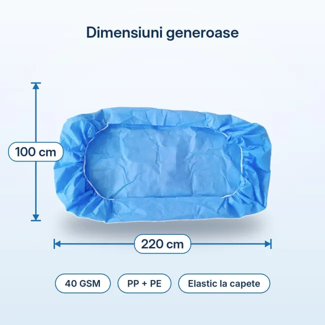 Husă impermeabilă cu elastic pentru pat și targă, PP+PE 40 GSM, 100 × 220 cm — set 10 bucăți
