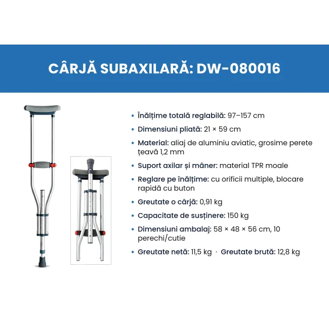 Cârjă axilară pliabilă , mărime universala – Ultra-ușoară, reglabilă, din aliaj de aluminiu