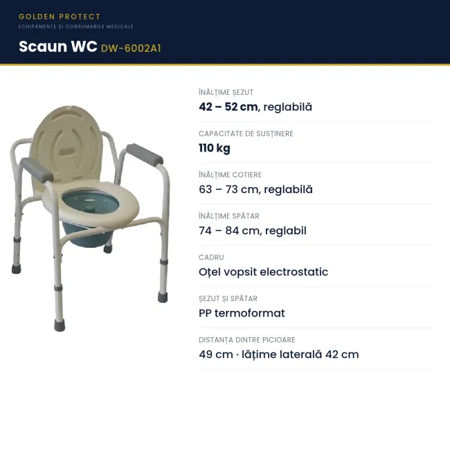 Scaun de toaletă reglabil pe înălțime – Cu vas colector și cotiere, pentru persoane cu mobilitate redusă