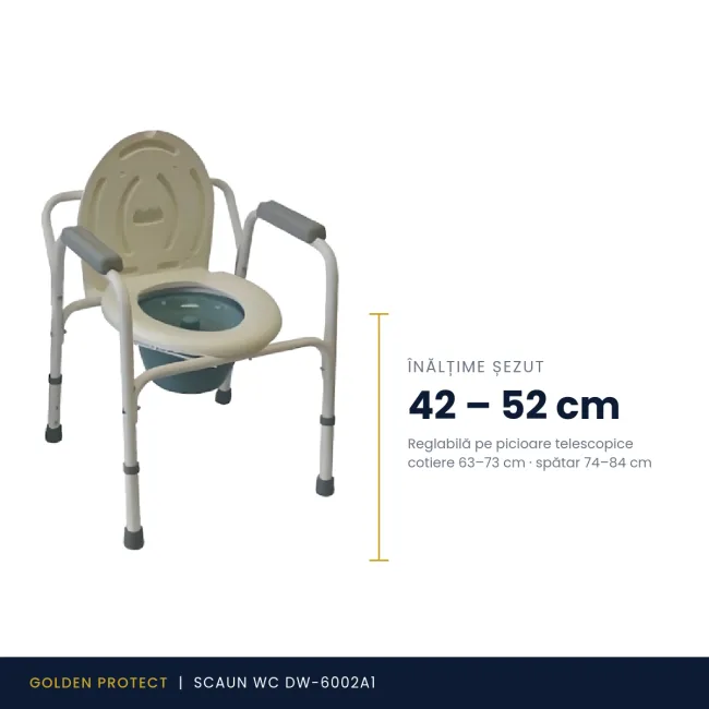 Scaun de toaletă reglabil pe înălțime – Cu vas colector și cotiere, pentru persoane cu mobilitate redusă