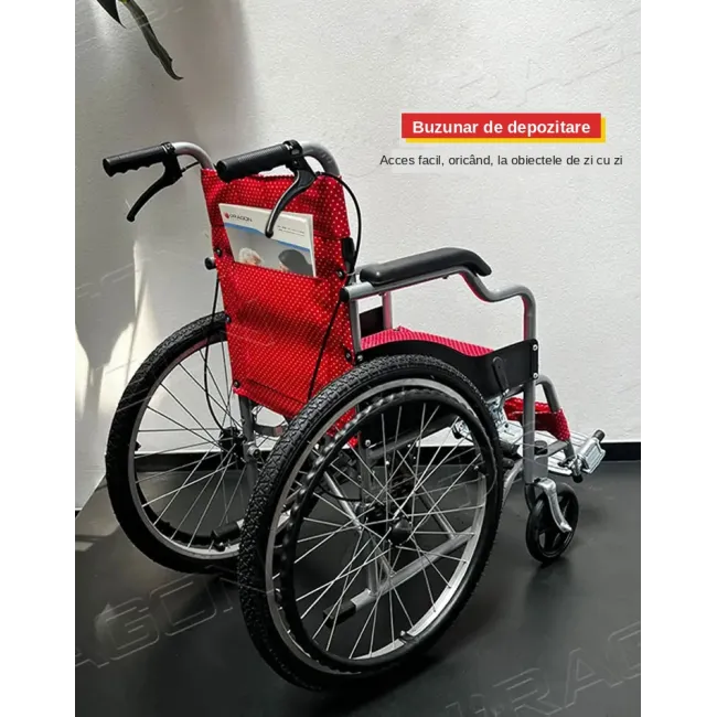 Scaun rulant pliabil pentru adulți, cadru din oțel, roți pneumatice 56 cm, șezut 46 cm, latime totală roti 61 cm, pentru persoane cu înălțime de pana la 1.65 m