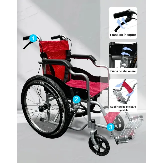 Scaun rulant pliabil pentru adulți, cadru din oțel, roți pneumatice 56 cm, șezut 46 cm, latime totală roti 61 cm, pentru persoane cu înălțime de pana la 1.65 m