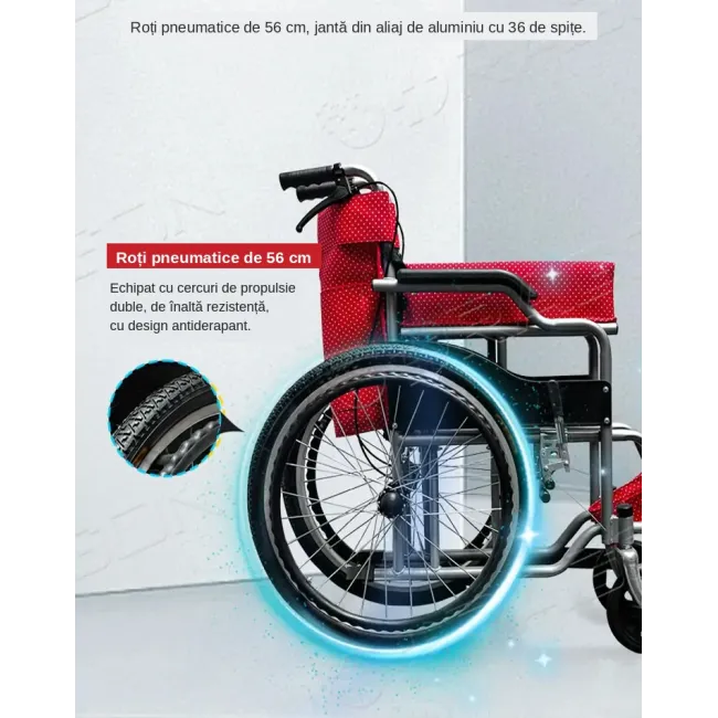 Scaun rulant pliabil pentru adulți, cadru din oțel, roți pneumatice 56 cm, șezut 46 cm, latime totală roti 61 cm, pentru persoane cu înălțime de pana la 1.65 m