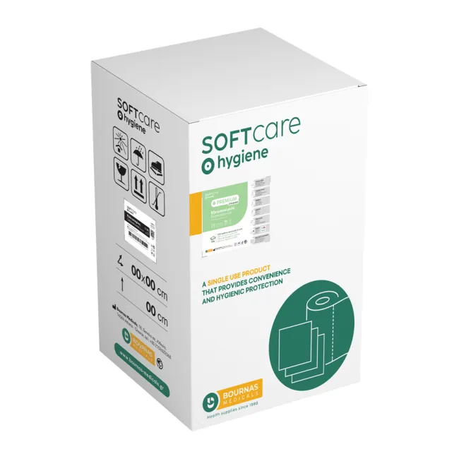 Rolă hârtie impermeabilă pentru masa de consultație Soft Care Premium Standard, 2 straturi (Hârtie + HDPE), 58 cm × 50 m, albă