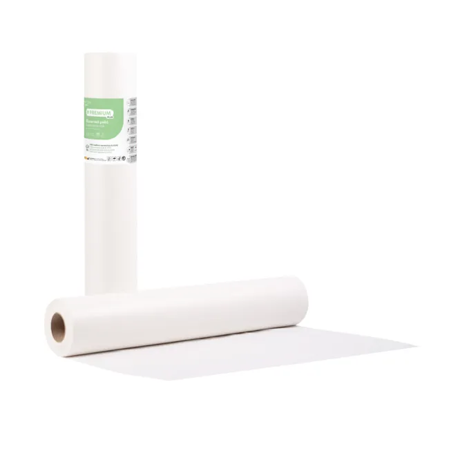 Rolă hârtie impermeabilă pentru masa de consultație Soft Care Premium Standard, 2 straturi (Hârtie + HDPE), 58 cm × 50 m, albă