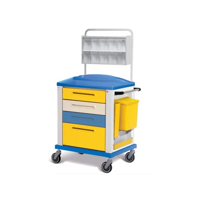 Cărucior pentru pansamente Standard cu 4 sertare, tavă instrumente și dispenser superior, galben (1 buc)