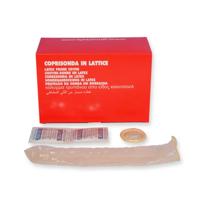 Husă de protecție pentru sondă ecograf și doppler din latex, transparentă, 17 cm × Ø 3,3 cm (cutie 50 buc)