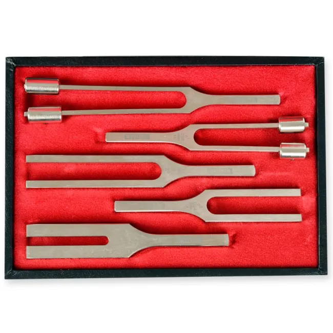 Set 5 diapasoane Hartmann pentru ORL (128 Hz, 256 Hz, 512 Hz, 1024 Hz, 2048 Hz), aliaj special, cutie căptușită (1 buc)