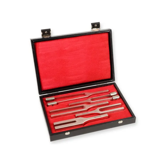 Set 5 diapasoane Hartmann pentru ORL (128 Hz, 256 Hz, 512 Hz, 1024 Hz, 2048 Hz), aliaj special, cutie căptușită (1 buc)