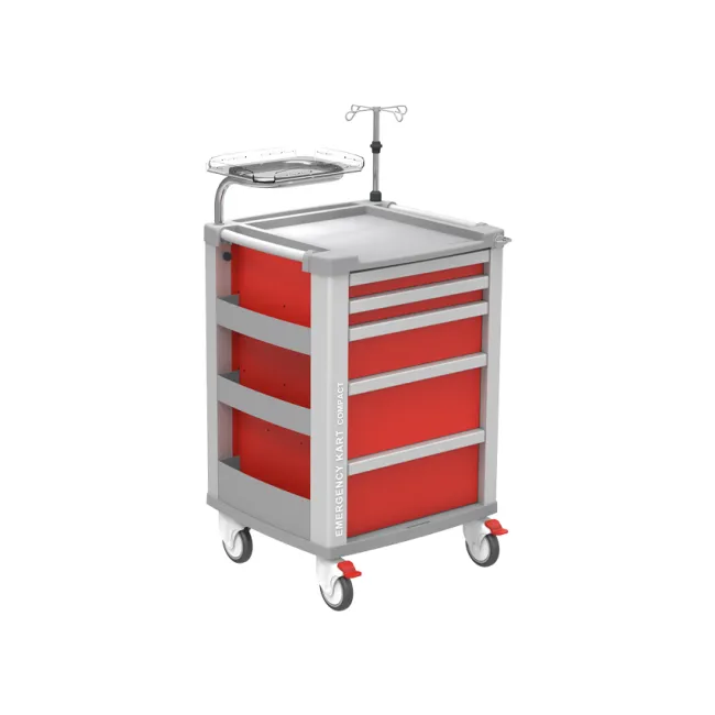 Cărucior de urgență compact roșu, 5 sertare, cadru aluminiu 634 × 605 × 975 mm (1 buc)