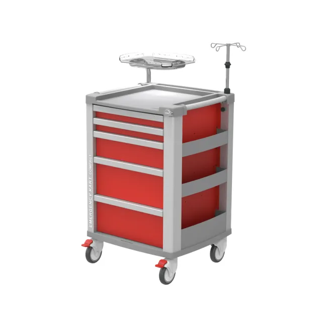 Cărucior de urgență compact roșu, 5 sertare, cadru aluminiu 634 × 605 × 975 mm (1 buc)