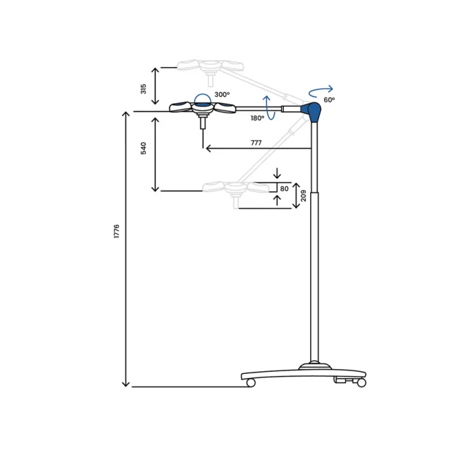 Lampă chirurgicală LED Quattroluci pe cărucior cu baterie, 160.000 lux, 36 LED-uri