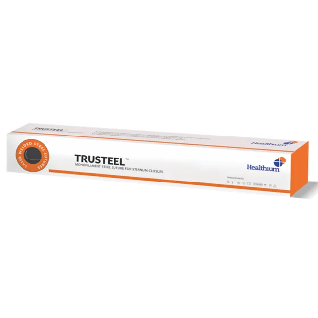 Fir de sutură chirurgical neabsorbabil din oțel monofilament TRUSTEEL calibru 2, ac 1/2 cerc 40 mm, 45 cm (cutie 48 buc)