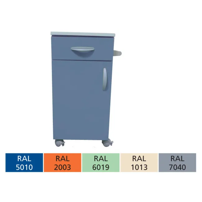 Noptieră medicală FEBO din oțel vopsit epoxidic, disponibilă în mai multe culori, cu sertar și suport prosop 42×40×80 cm