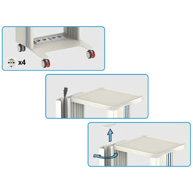 Cărucior medical Easy Power cu 3 rafturi 40×36 cm și prize integrate