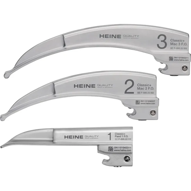Set laringoscop cu fibre optice HEINE CLASSIC+ LED – 3 lame (Mac 2, Mac 3, Mac 4) cu mâner LED HQ