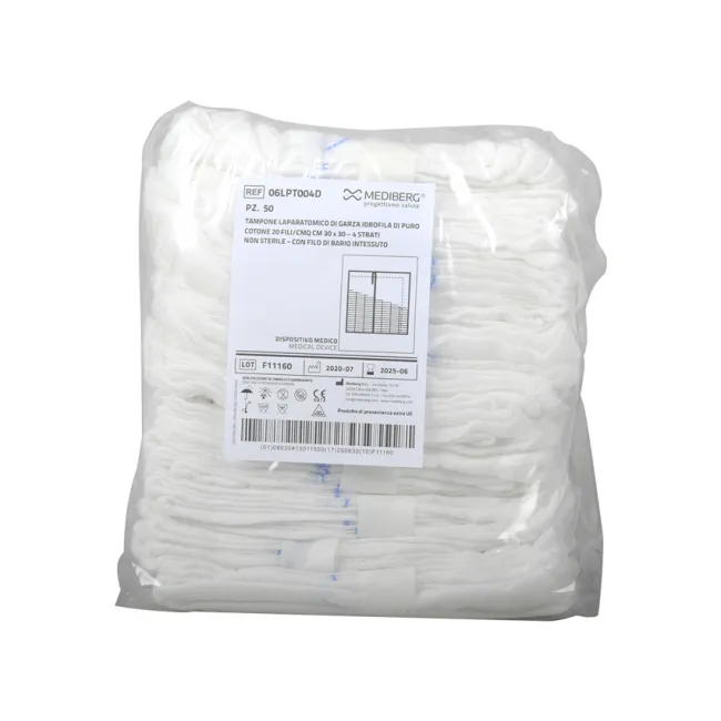 Comprese laparotomice nesterile 30 × 30 cm, 4 straturi, cu fir radiopac de bariu (cutie 600 buc)