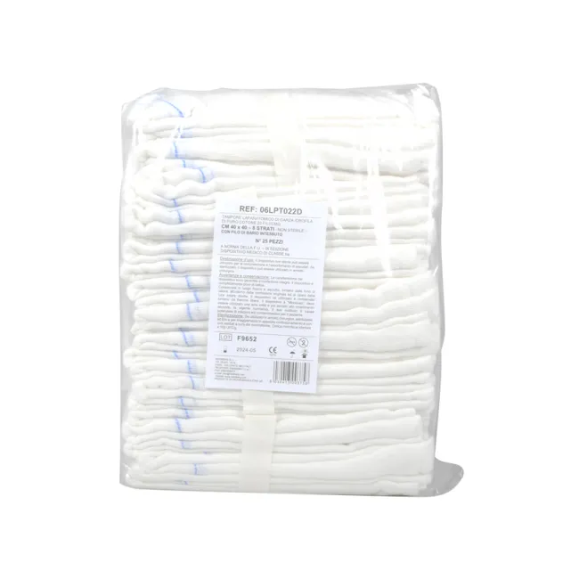 Comprese laparotomice nesterile 40 × 40 cm, 8 straturi, cu fir radiopac de bariu (cutie 250 buc)