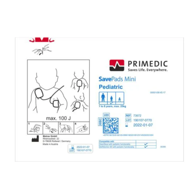 Electrozi pediatrici originali SAVE PADS MINI pentru defibrilatoare HeartSave, 1–8 ani, până la 25 kg (kit 2 buc)
